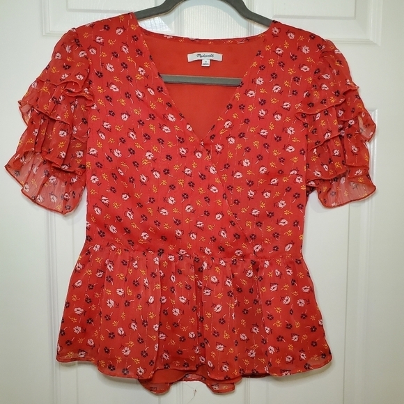 Madewell Tiered-Sleeve Peplum Top in Metallic Prairie Posies Sz 4 - Picture 3 of 13
